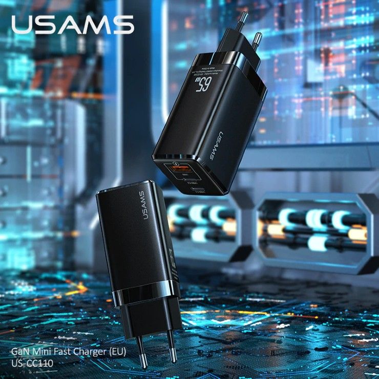 USAMS GAN 65W USB C Charger Quick Charge QC4.0 QC3.0 PD3.0 PD USB Type C Fast Charger-Black