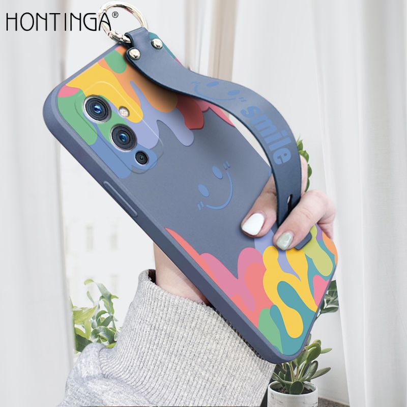 Hontinga for OnePlus 9 Wrist Strap Case Soft Candy Color Splash Ink Cover Trend Square Printed Pattern Liquid Silicone Phone Case