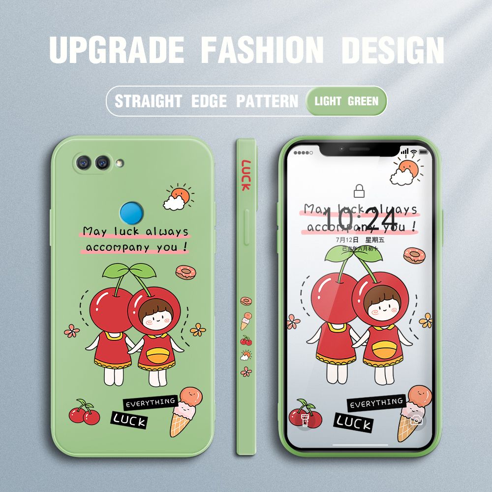 Jizetin for OPPO A12 Case Fashion Cherry Girl Design Side Design Phone Case Square Edge Pattern Liquid Silicone Cases Full Cover Camera Shockproof Protective Case