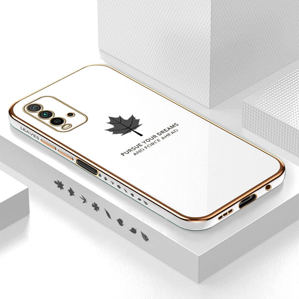 Luxury 6D Plating Soft Casing Silicone Square Frame Phone Case For Redmi 9T Case Shiny Bling Back Cover New Maple Leaf Square Edge Pattern Design Soft Case + Free Lanyard