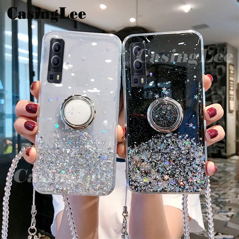 Casinglee for VIVO Y52 5G case Shiny Ring Glitter Soft Transparent Holder Stand Back cover with String for VIVO Y52 5G Phone cases cover Stars Moon Girls For girls and Boys