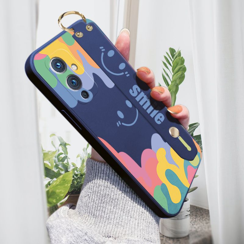 Jizetin for OnePlus 9 Wrist Strap Case Soft Candy Color Splash Ink Cover Ultra Thin Anti Fall Liquid Silicone Phone Case
