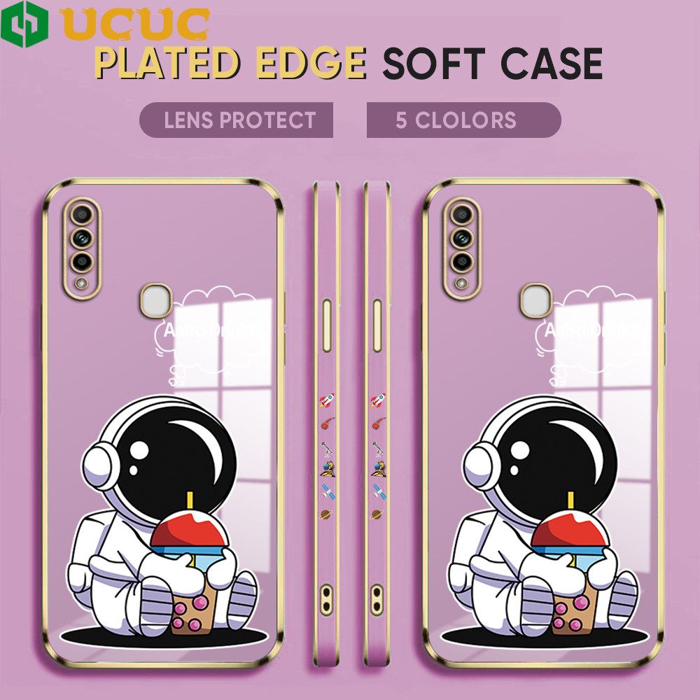 UCUC for OPPO A31 2020 Back Cover + Free Lanyard Cute Astronaut Luxury 6D Plating Case Side Pattern Soft Silicone Square Phone Cases