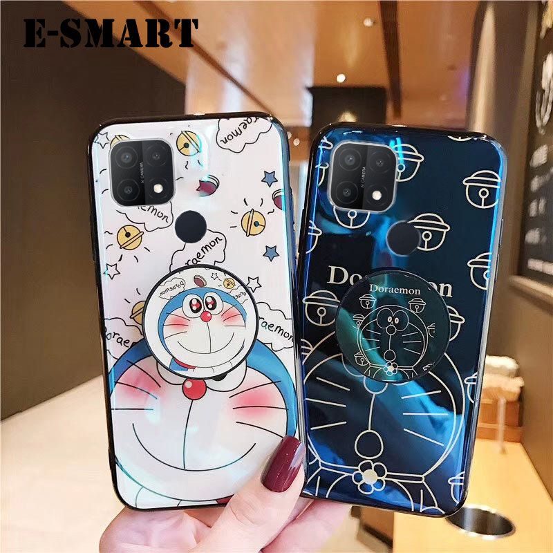Phone Case OPPO A15S Back Cover Cute 3D Cartoon Blue Light Happy Doraemon Soft Couple Cases Stand Holder for OPPO A15S Case