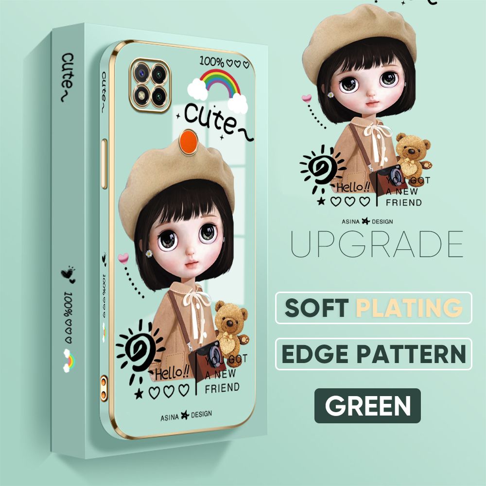 Jizetin (Free Lanyard) Redmi 9C / Redmi 10A Back Cover Fashion Girl Luxury 6D Plating Case Side Pattern Soft Silicone Square Phone Cases