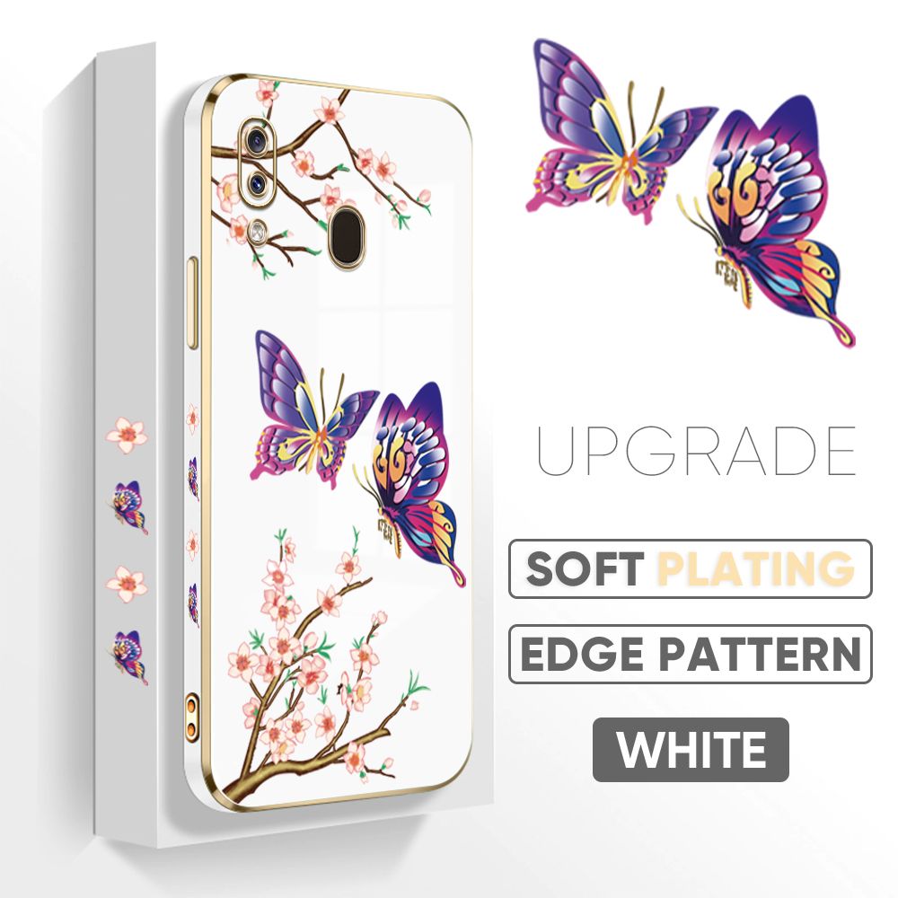 Jizetin (Free Lanyard) Samsung Galaxy A20 A30 Back Cover Peach Blossom and Butterfly Luxury 6D Plating Case Side Pattern Soft Silicone Square Mobile Phone Cases
