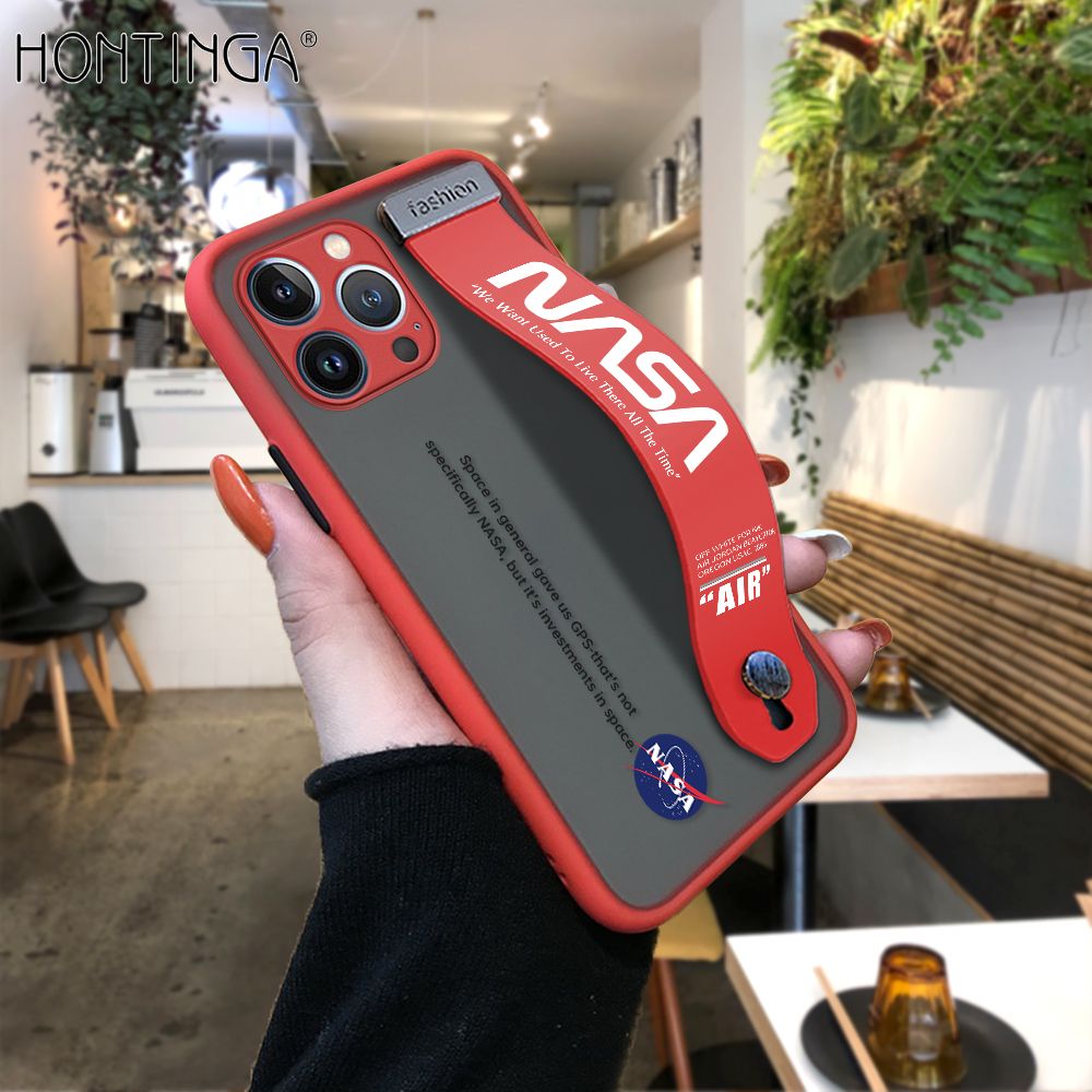 Hontinga for iPhone 13 Pro Max Back Cover With Wristband Popular Space Astronaut Phone Casee Full Lens Protection Thin Frosted Cases