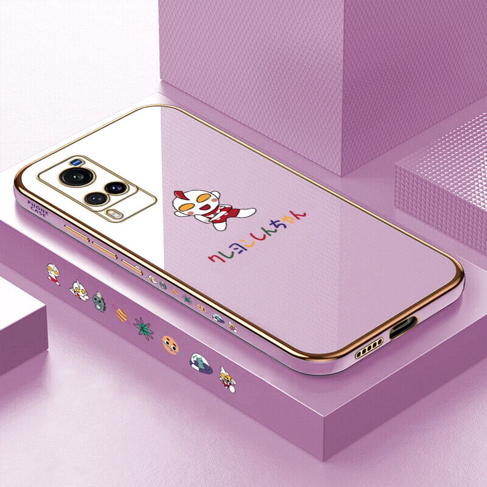 Luxury 6D Plating Case for Vivo X60 Cute Cartoon Side Pattern Back Cover Soft Silicone Square Frame Shiny Bling Phone Cases + Free Lanyard