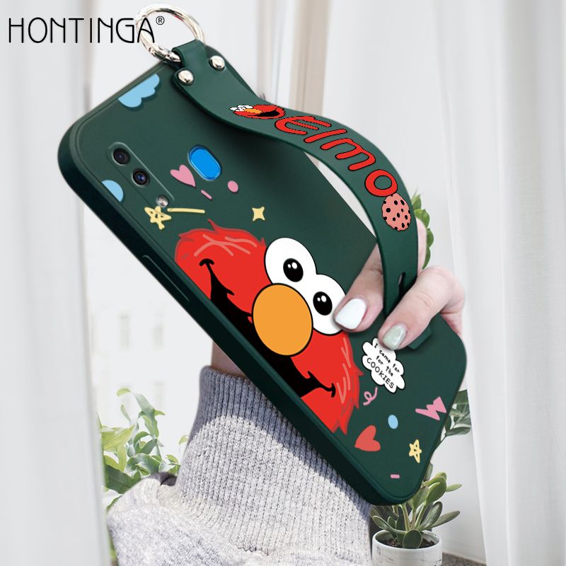 Hontinga for Samsung Galaxy A20 A30 Wrist Strap Case Cute Cute Cartoon Little Monster Phone Cover Square Edge Liquid Silicone Case Full Cover Camera Shockproof Protective Cases