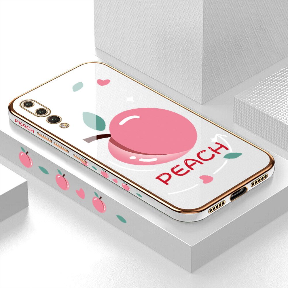 Luxury 6D Plating Case for Huawei P20 Pro Cartoon Simple Peach Side Pattern Back Cover Soft Silicone Square Frame Shiny Bling Phone Cases + Free Lanyard