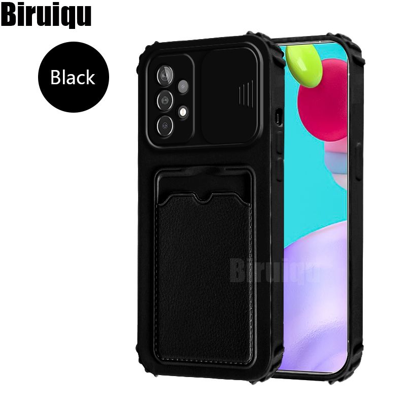 Biruiqu Case for Samsung Galaxy A32 4G Slide Camera Protect Privacy Four Corner Bumper Back Cover with Card Case