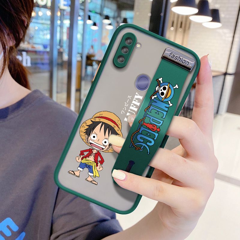 UCUC for Samsung Galaxy A11 Wrist Strap Case Anime One Piece Luffy Wristband Printing Cover Shockproof Frosted Phone Case