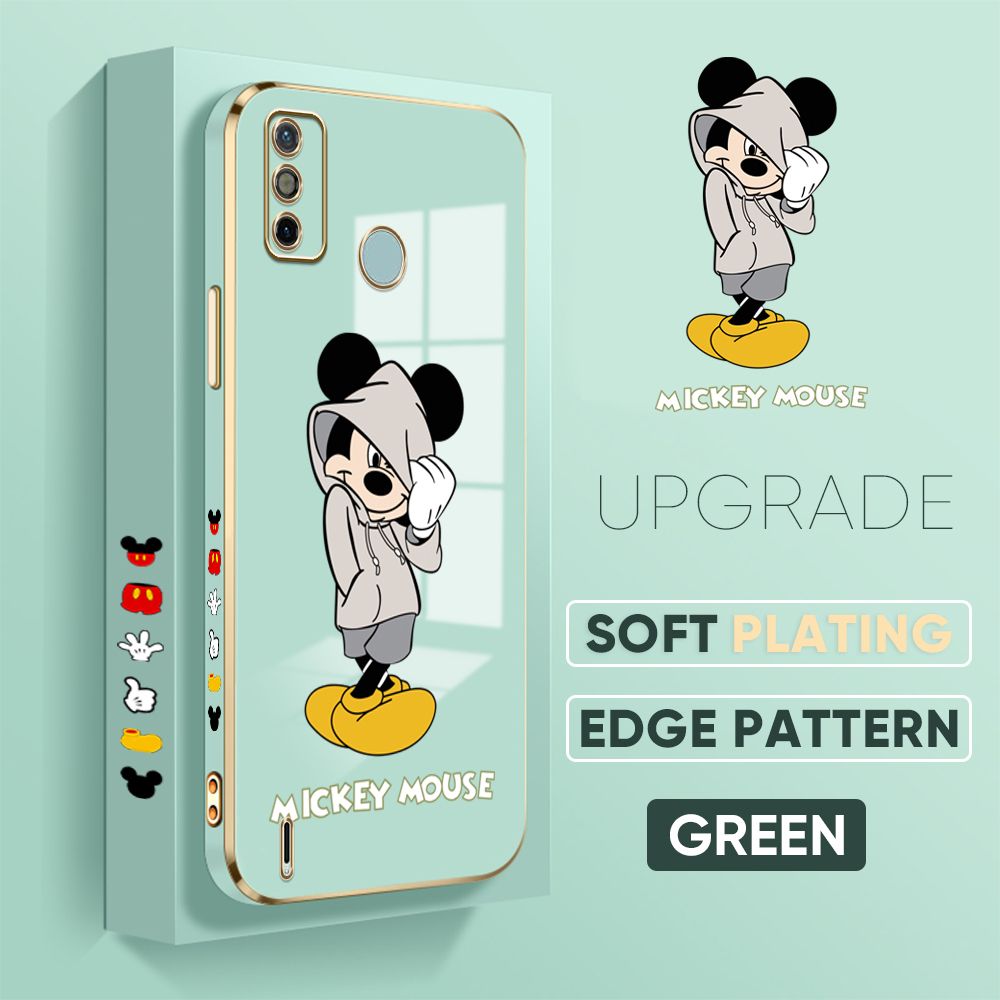 Jizetin (Free Lanyard) Tecno Spark 6 Go / Spark Go 2020 Back Cover Sweater Mouse Luxury 6D Plating Case Side Pattern Soft Silicone Square Phone Cases