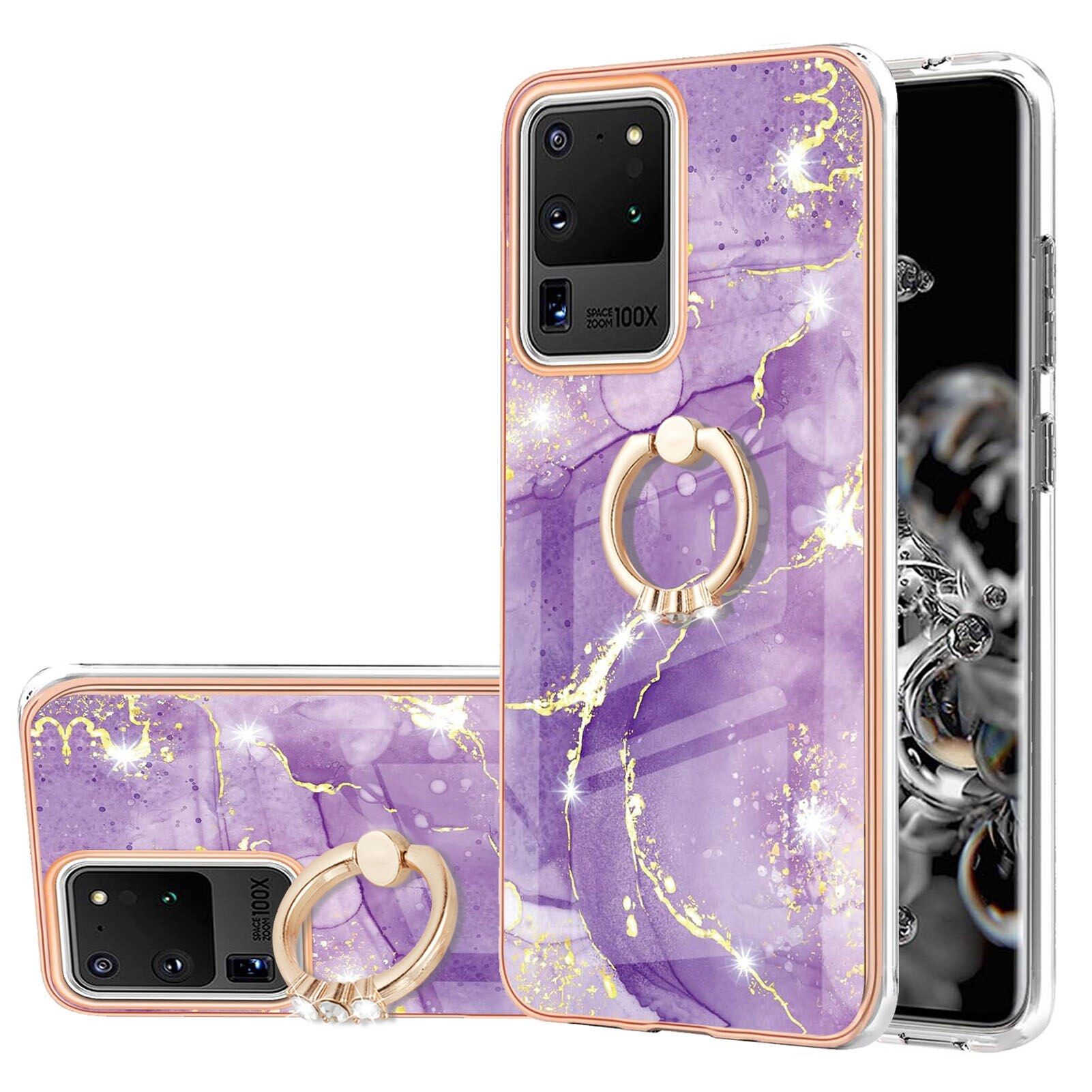 Case for Samsung Galaxy S20 Ultra Marble Pattern Hybrid Hard Back Soft TPU Bumper Case Cover with Ring Holder Stand