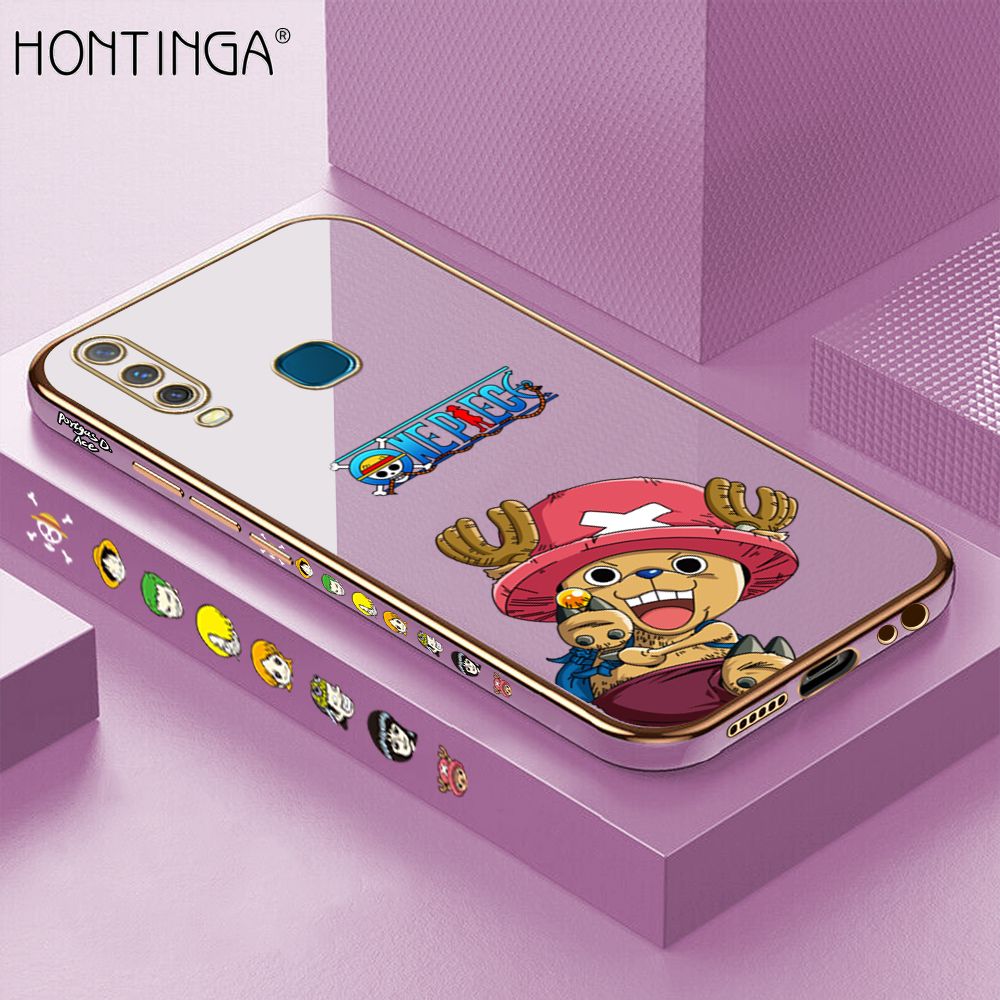 Hontinga for Vivo Y17 Back Cover + Free Lanyard Luxury 6D Plating Cute Cartoon Choba Side Pattern Case Soft Silicone Square Mobile Cover