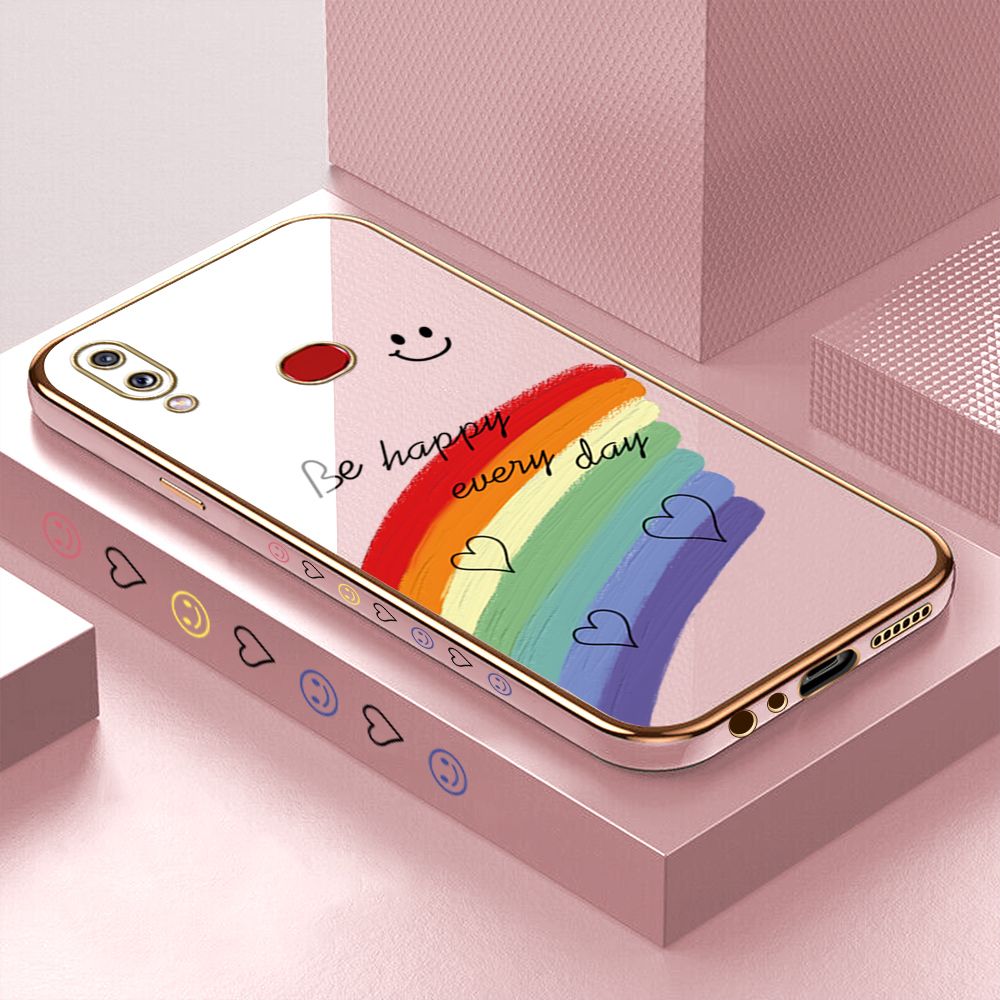 Luxury 6D Plating Case for Samsung A10S Smile Rainbow Side Pattern Back Cover Soft Silicone Square Phone Cases + Free Lanyard