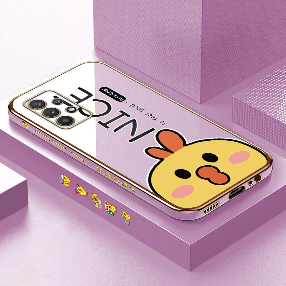 Luxury 6D Plating Case for Samsung A32 4G Cartoon Cute Doodle Chicken Side Pattern Back Cover Soft Silicone Square Phone Cases + Free Lanyard