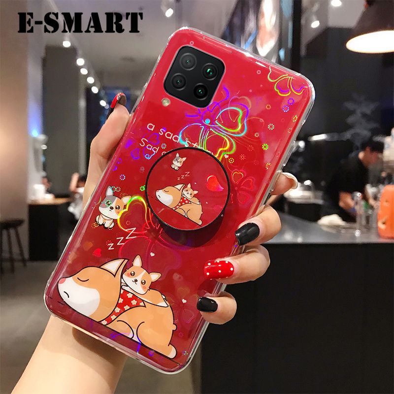 Phone case Samsung Galaxy M32 4G Back Cover Cute Cartoon Bear Cases Soft Silicone Bracket Holder stand case Colorful Cherry Blossoms For Samsung M32 4G case