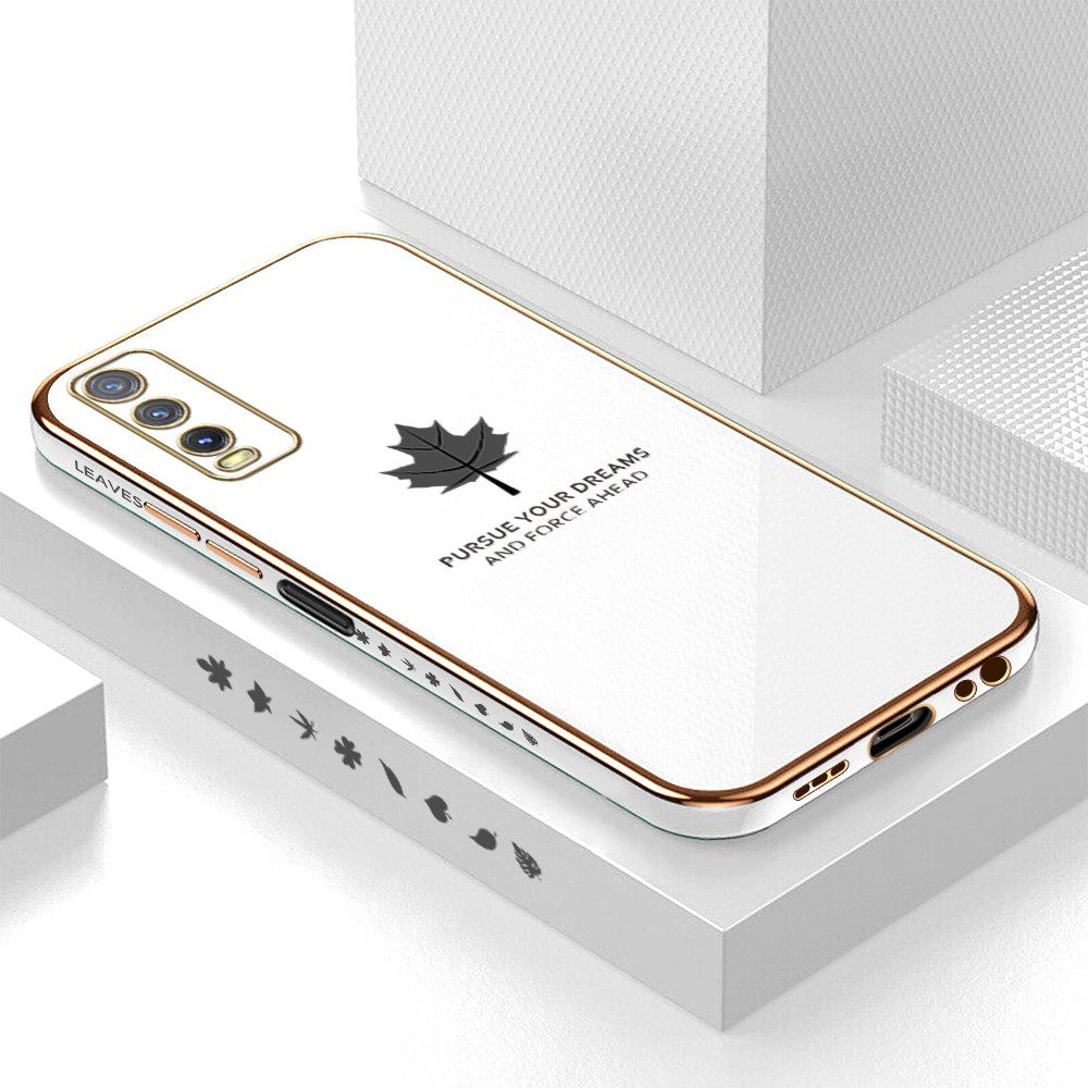 Luxury 6D Plating Soft Casing Silicone Square Frame Phone Case For Vivo Y20 2021 Case Shiny Bling Back Cover New Maple Leaf Square Edge Pattern Design Soft Case + Free Lanyard