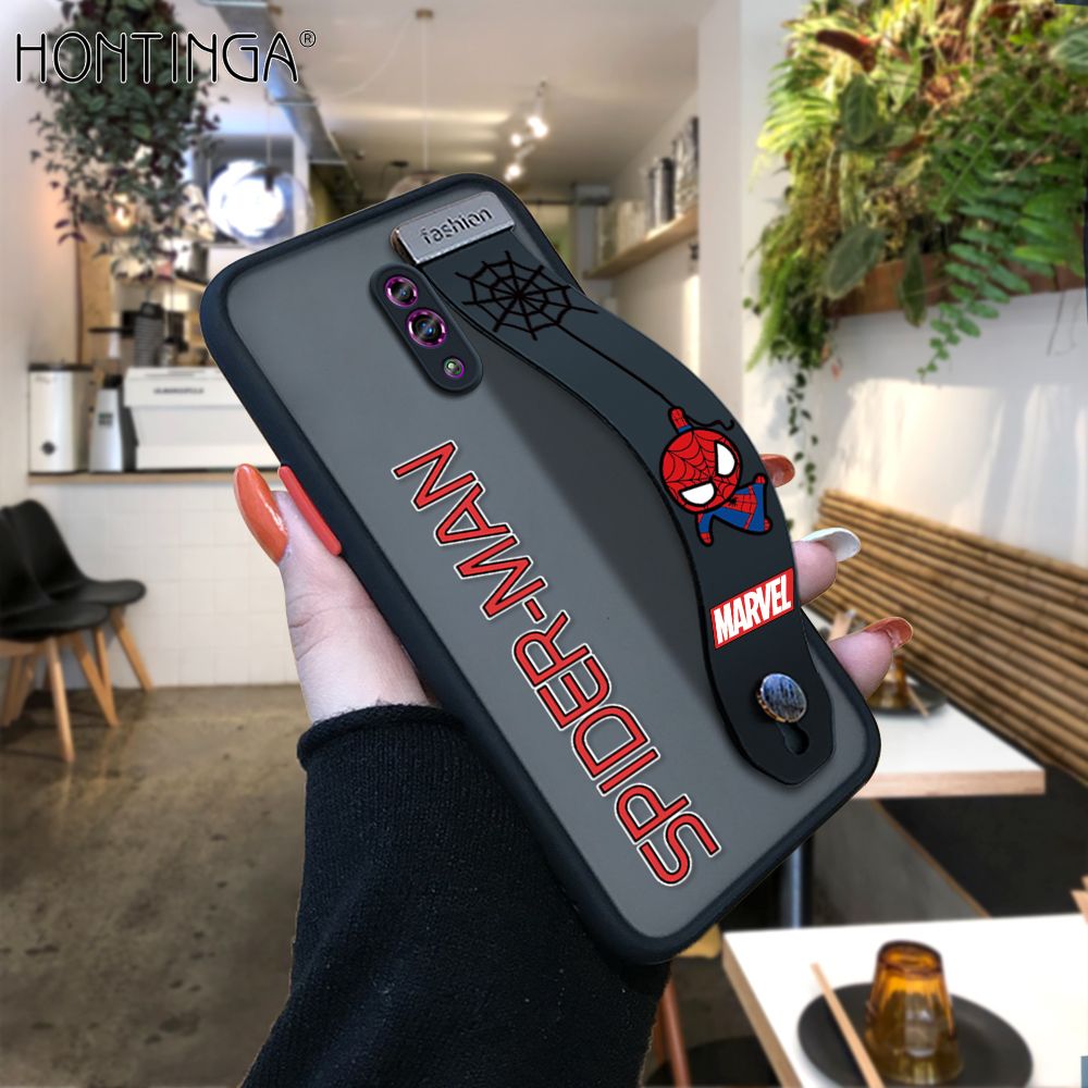 Hontinga for OPPO Reno Back Cover With Wristband Cartoon Spiderman Phone Casee Full Lens Protection Thin Frosted Cases