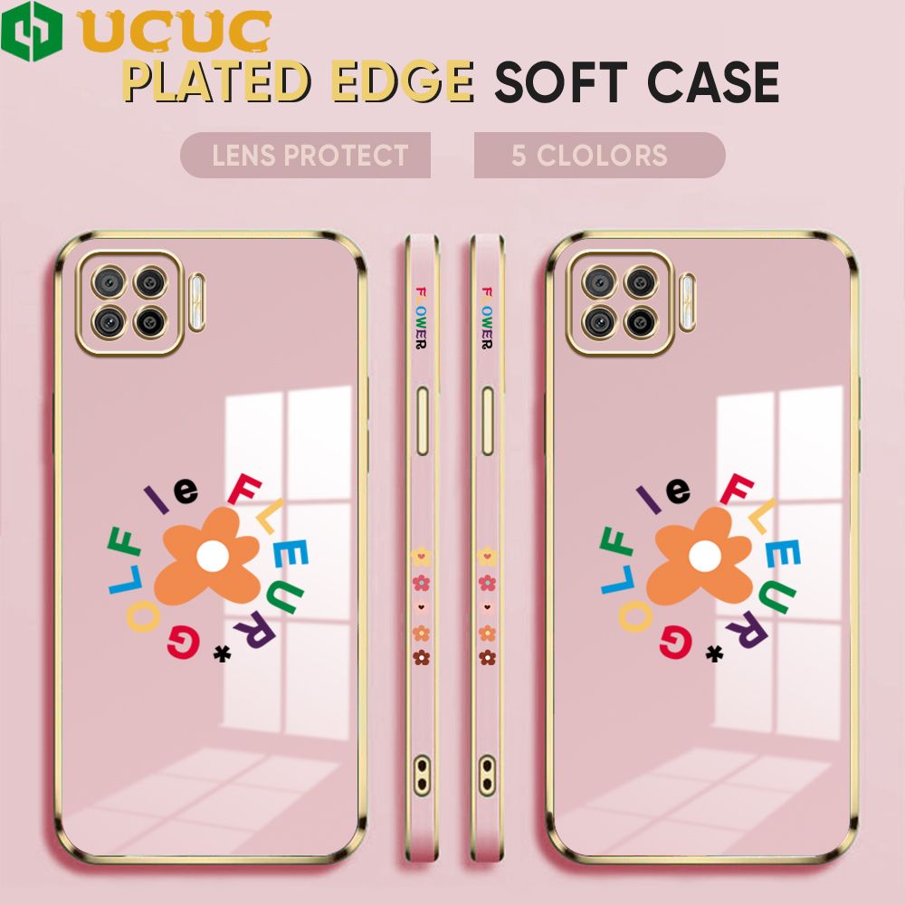 UCUC for OPPO F17 A73 2020 Back Cover + Free Lanyard Colorful Flower Luxury 6D Plating Case Side Pattern Soft Silicone Square Phone Cases