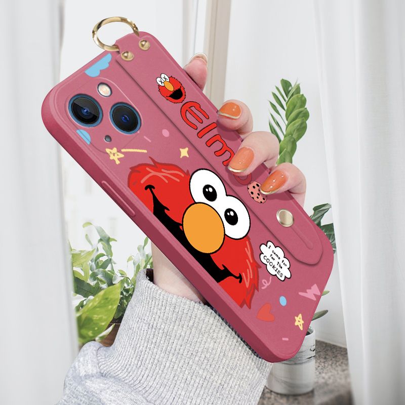 Jizetin for iPhone 13 Mini Wrist Strap Case Creative Cartoon Red Haired Monster Cover Ultra Thin Anti Fall Liquid Silicone Phone Case