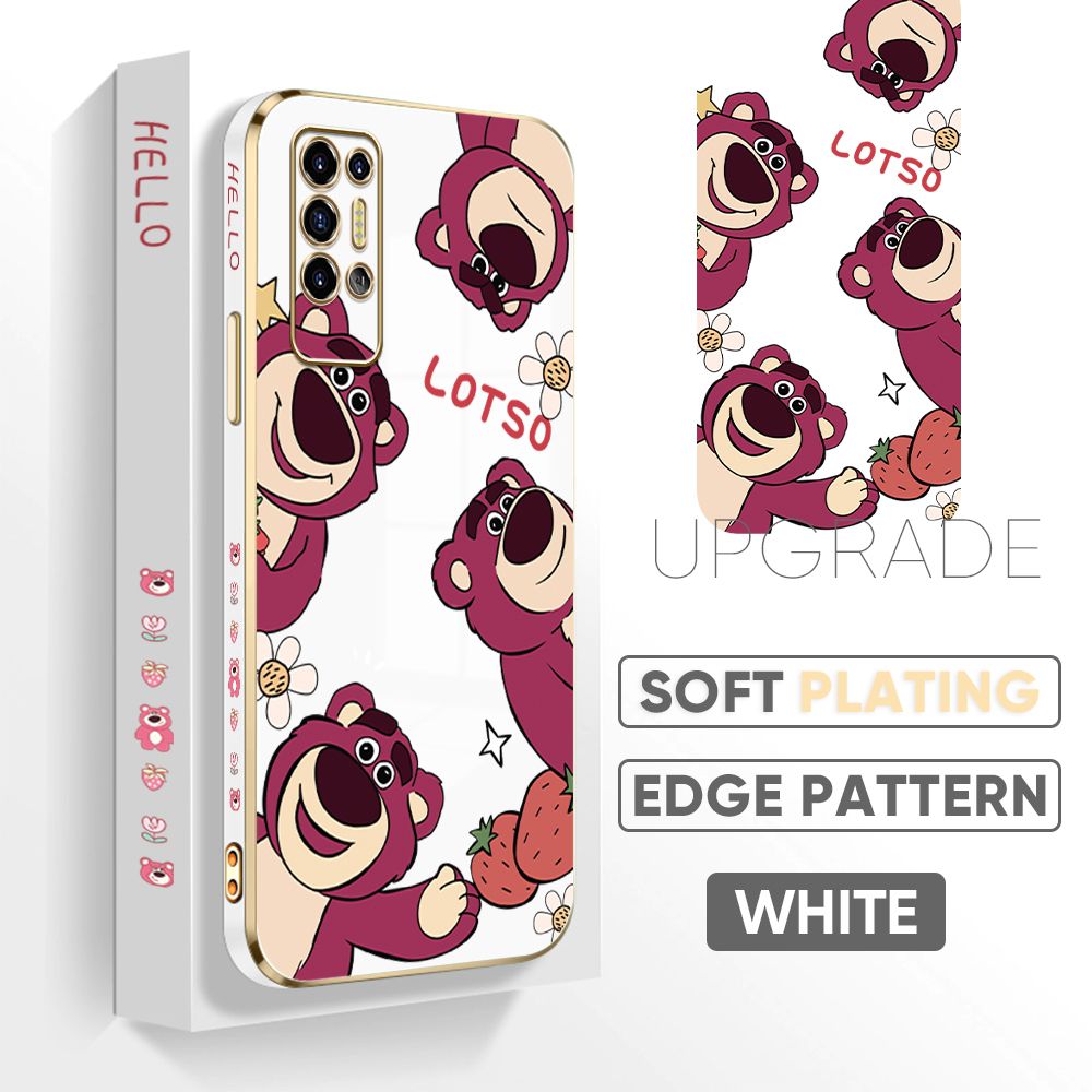 TA for Tecno Pova 2 Back Cover + Free Lanyard Cute Bear Luxury 6D Plating Case Side Pattern Soft Silicone Square Phone Cases