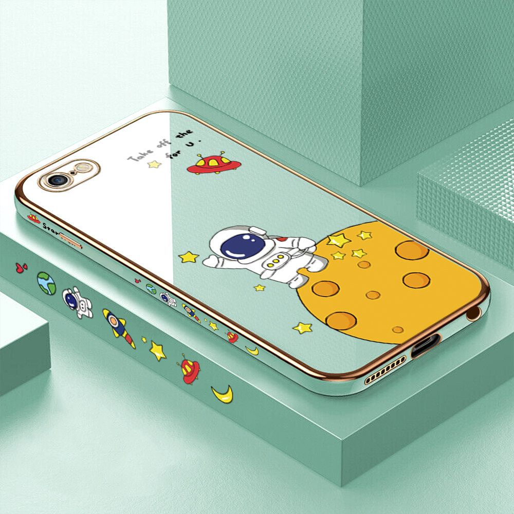 Luxury 6D Plating Case for iPhone 6S Cute Cartoon Happy Astronaut Side Pattern Back Cover Soft Silicone Square Frame Shiny Bling Phone Cases + Free Lanyard