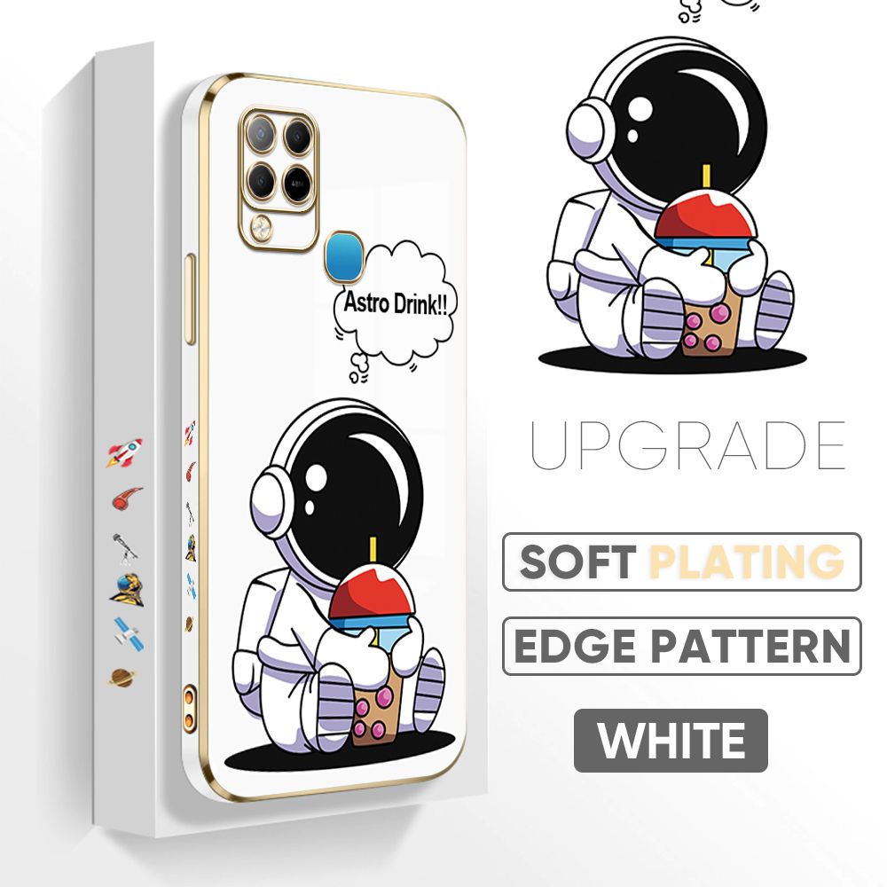 Jizetin (Free Lanyard) Infinix Hot 10S / Hot 10S NFC Back Cover Cartoon Astronaut Luxury 6D Plating Case Side Pattern Soft Silicone Square Phone Cases