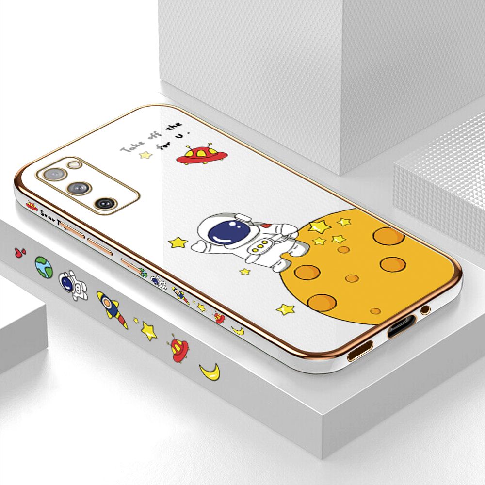Luxury 6D Plating Case for Samsung S20 FE 5G Cute Cartoon Happy Astronaut Side Pattern Back Cover Soft Silicone Square Frame Shiny Bling Phone Cases + Free Lanyard