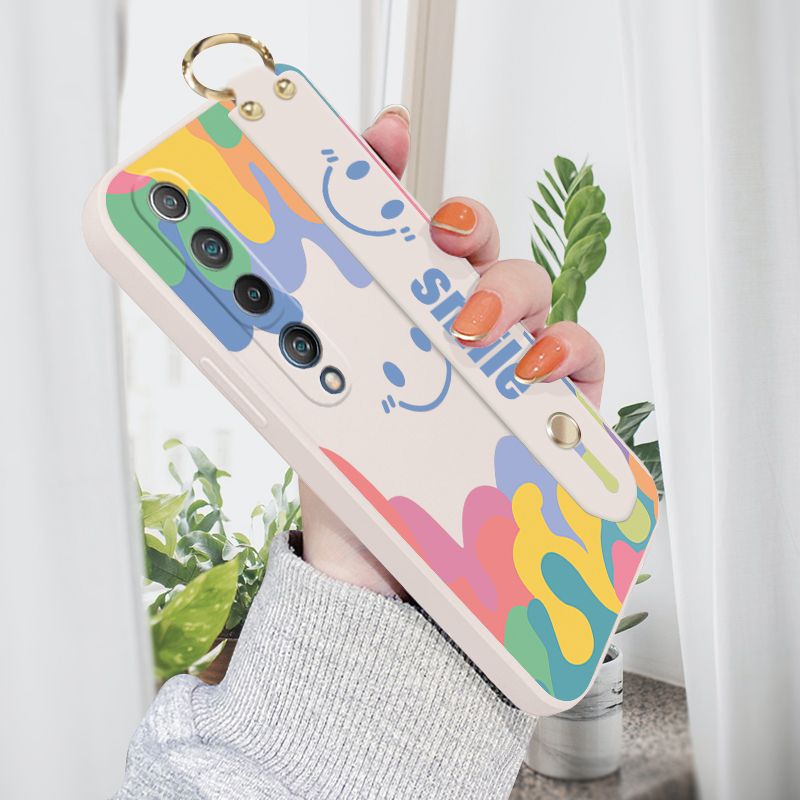 Jizetin for Xiaomi Mi 10 Wrist Strap Case Soft Candy Color Splash Ink Cover Ultra Thin Anti Fall Liquid Silicone Phone Case