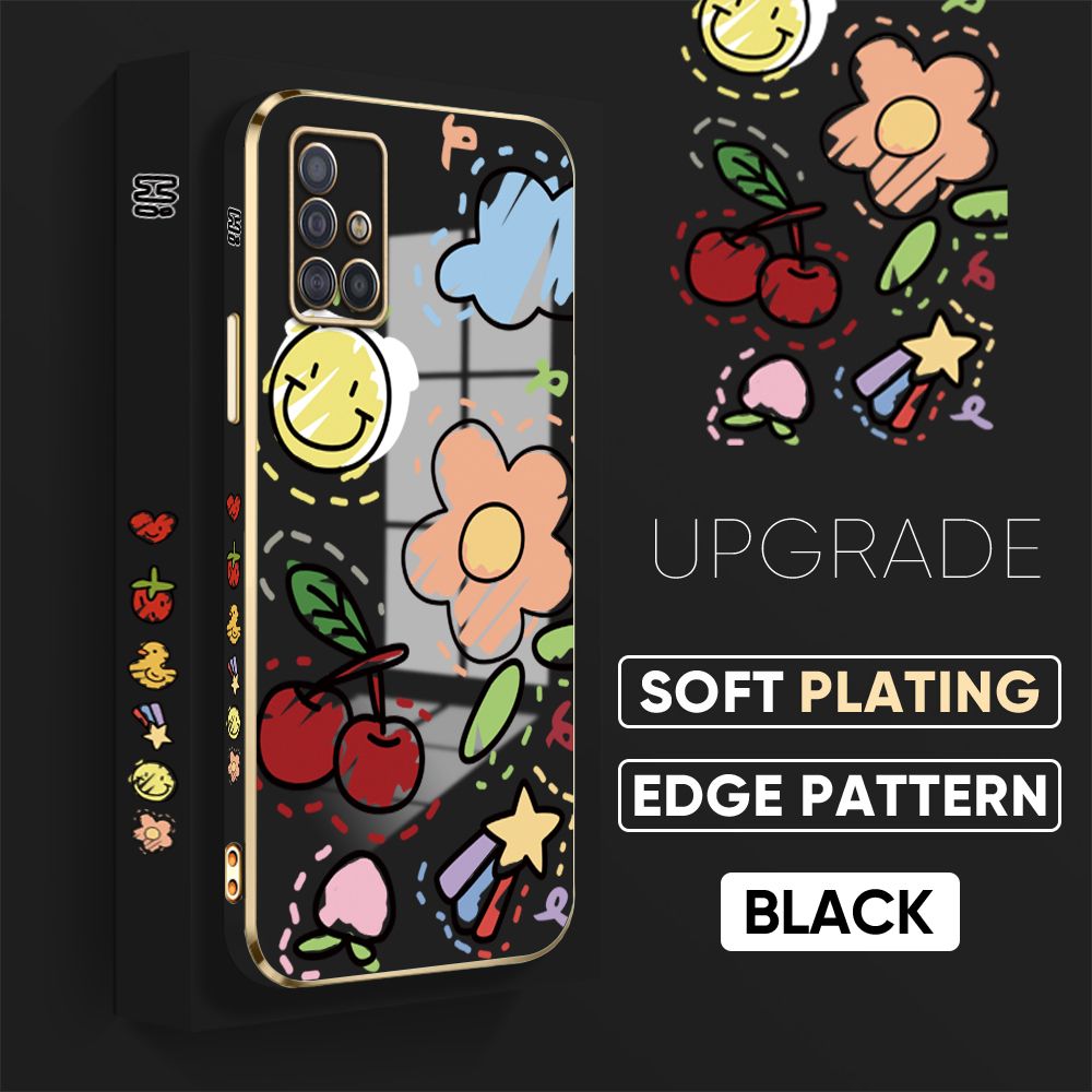 TA for Samsung Galaxy A51 Back Cover + Free Lanyard Colorful Fruit Painting Luxury 6D Plating Case Side Pattern Soft Silicone Square Phone Cases
