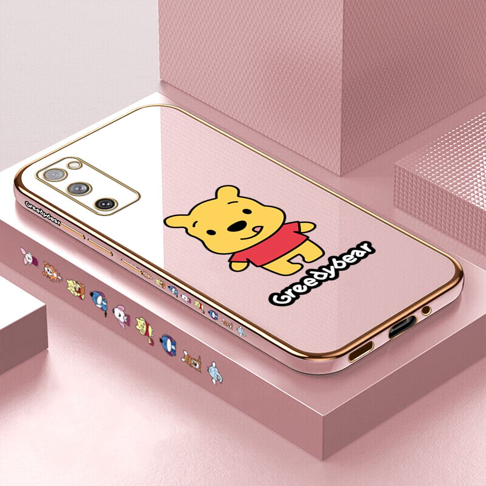 Luxury 6D Plating Case for Samsung S20 FE 5G Cartoon Squirming Bear Side Pattern Back Cover Soft Silicone Square Phone Cases + Free Lanyard