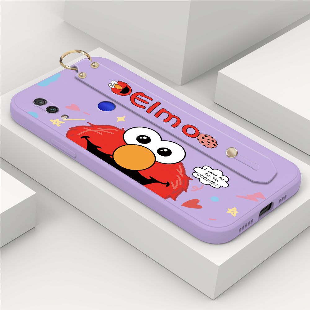 ZeroQiQi for Xiaomi Redmi Note 7 Pro Wrist Strap Case Cute Cute Cartoon Little Monster Phone Cover Square Edge Liquid Silicone Case Full Cover Camera Shockproof Protective Cases
