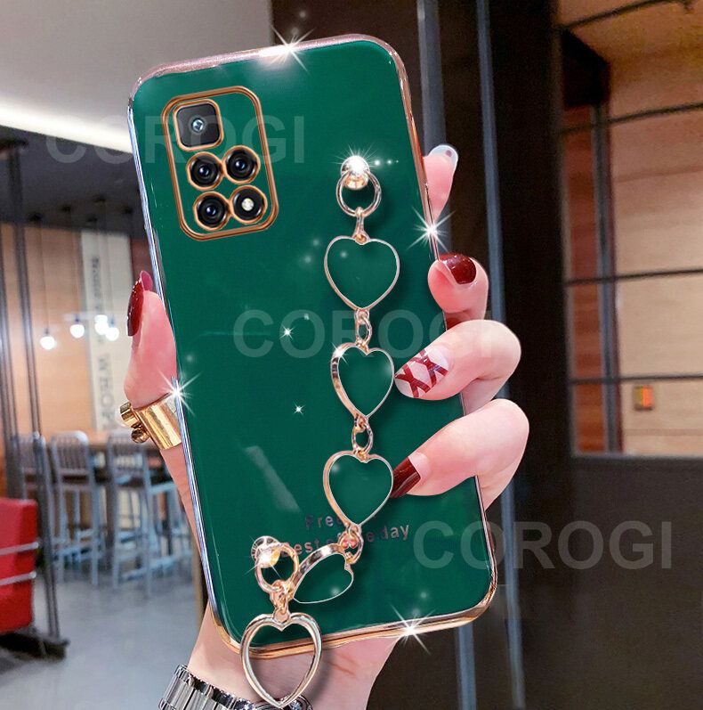 For Xiaomi Redmi 10 Prime Cover + Love Heart Bracelet Fashion Shiny Wrist Chain Plating Bumper Slim Phone Case Soft TPU Silicone Shockproof Protective Back Cover