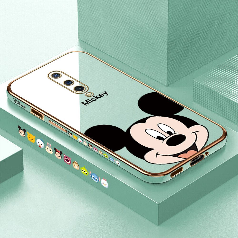 Luxury 6D Plating Soft Casing Silicone Square Frame Phone Case For OnePlus 8 Case Shiny Bling Back Cover Cartoon Big Head Mouse Square Edge Pattern Design Soft Case + Free Lanyard