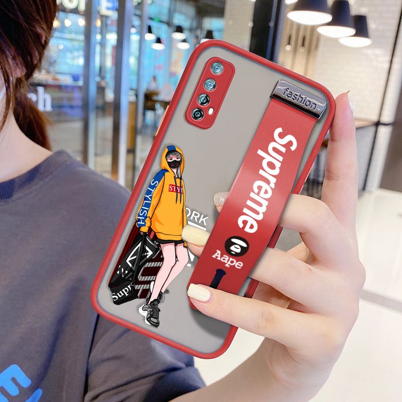 UCUC for Realme 7 Wrist Strap Case Creative Cartoon Handsome Girl Wristband Printing Cover Shockproof Frosted Phone Case