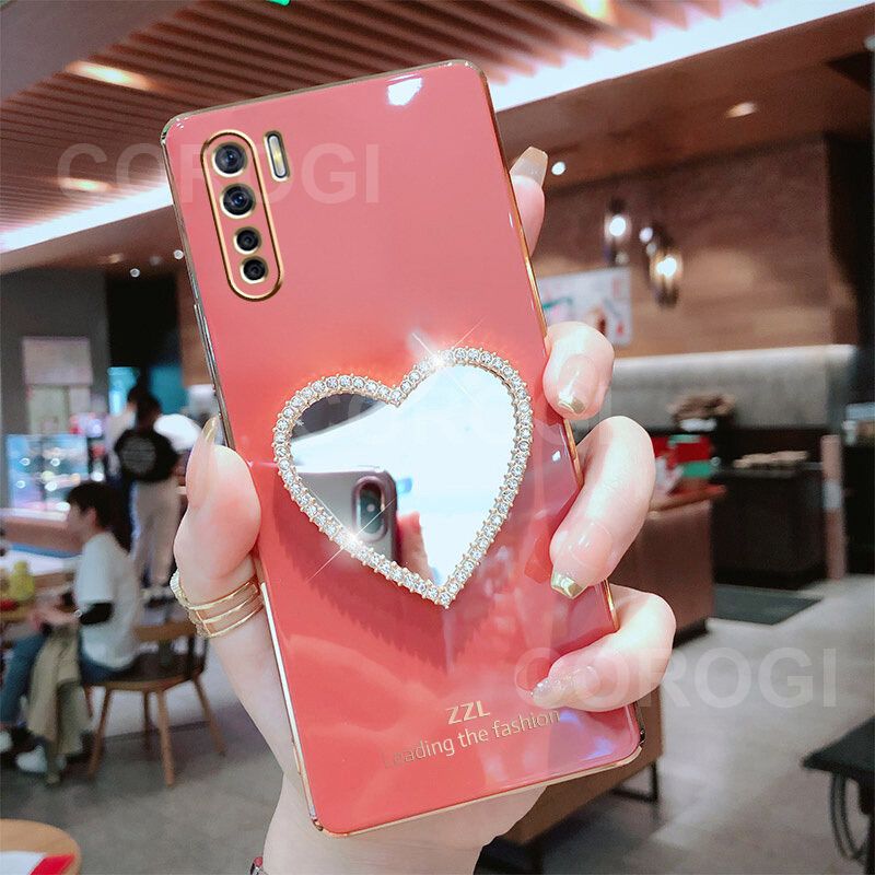 For OPPO Reno3 / OPPO Reno 3 Cover with Makeup Mirror Shiny Plating Square Bumper Girls Phone Case Soft TPU Silicone Shockproof Protective Back Cover