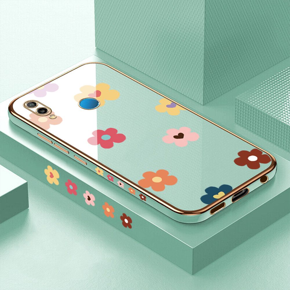 Luxury 6D Plating Case for Huawei P20 Lite Color Cartoon Flowers Side Pattern Back Cover Soft Silicone Square Frame Shiny Bling Phone Cases + Free Lanyard