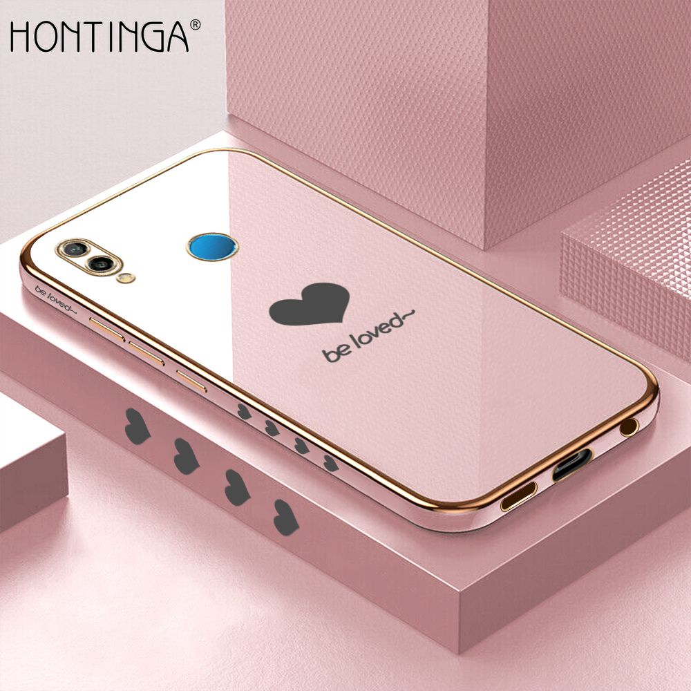 Hontinga for Huawei Nova 3E Luxury 6D Plating Soft Casing Silicone Square Frame Phone Case Shiny Bling Back Cover Lover Heart Side Pattern Case