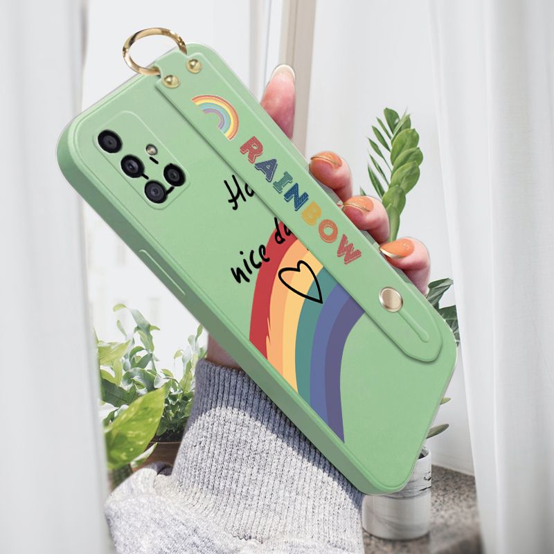 Jizetin for Samsung Galaxy M51 Wrist Strap Case INS Style Smile Rainbow Cover Ultra Thin Anti Fall Liquid Silicone Phone Case