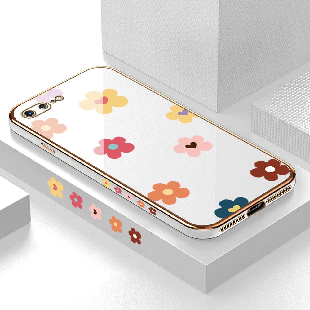 Luxury 6D Plating Case for iPhone 8 Plus Color Cartoon Flowers Side Pattern Back Cover Soft Silicone Square Frame Shiny Bling Phone Cases + Free Lanyard