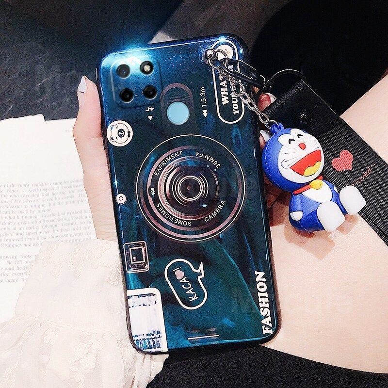For Realme C25S Cover + Wrist Lanyard & Cute Cartoon Doll Fashion Camera Pattern Slim Phone Case Soft TPU Silicone Shockproof Protective Back Cover