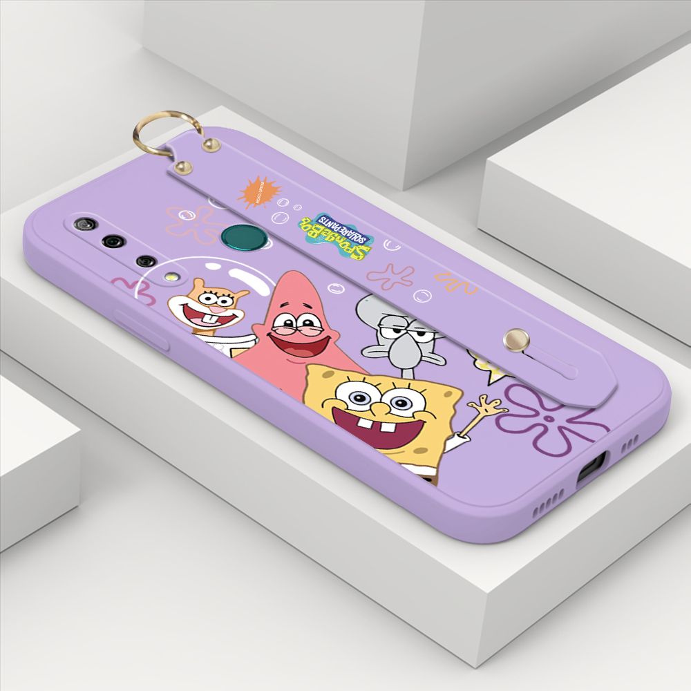 ZeroQiQi for Huawei Y9 Prime 2019 Wrist Strap Case Cute Cute Funny Cartoon Sponge for Square Pants Cover Square Edge Liquid Silicone Anti-drop Phone Case