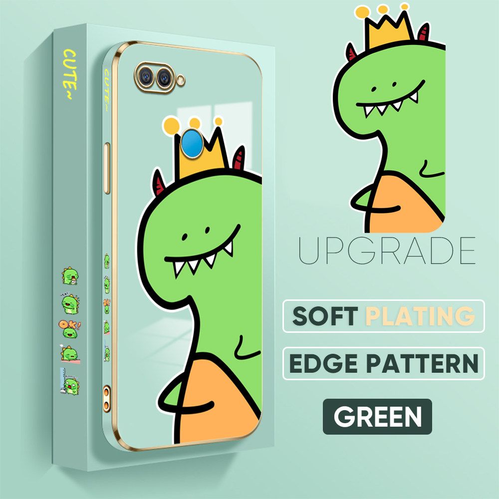 TA for OPPO A12S / A12 / A7 / A5S Back Cover + Free Lanyard Crown Dinosaur Luxury 6D Plating Case Side Pattern Soft Silicone Square Phone Cases
