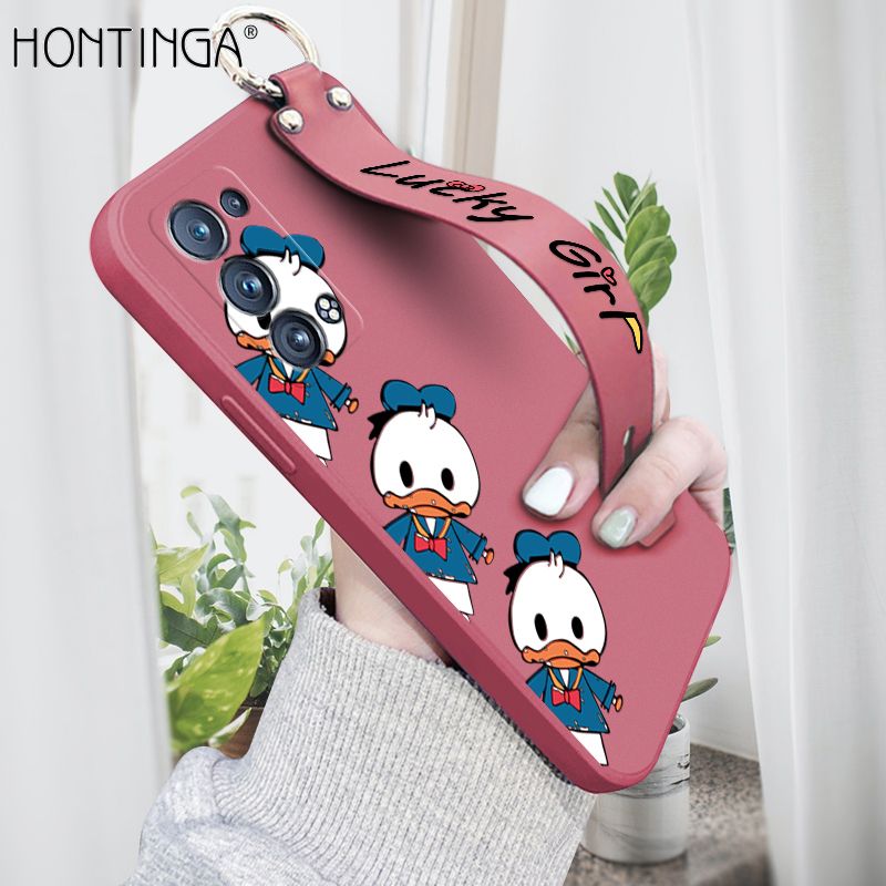 Hontinga for OPPO Reno6 Pro 5G Wrist Strap Case Cute Cartoon Little Duck Phone Case Square Edge Liquid Silicone Case Full Cover Camera Shockproof Protective Cases