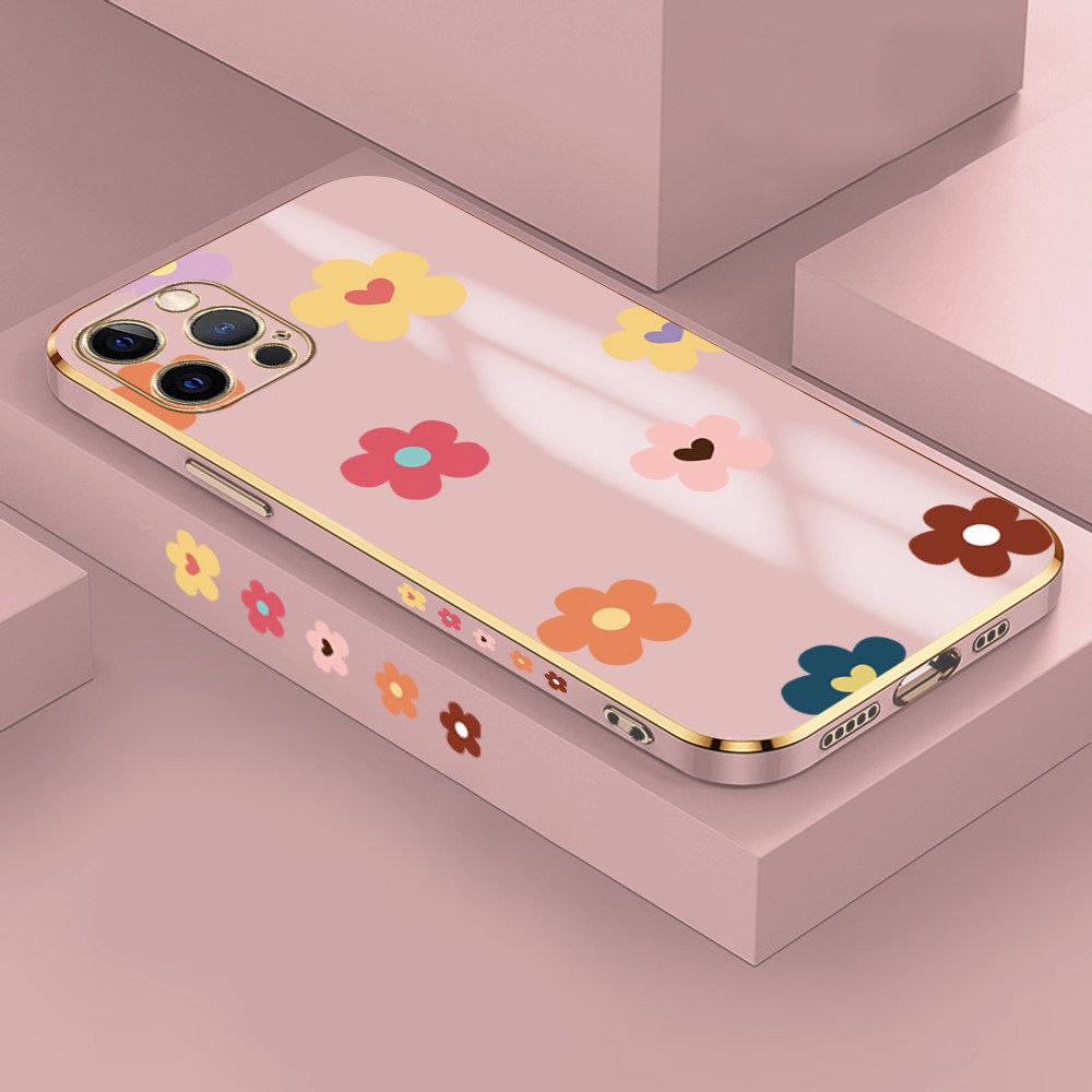 Jizetin (Free Lanyard) iPhone 12 Pro Case INS Style Flower Luxury 6D Plating Soft Casing Silicone Ultra Thin Phone Cover