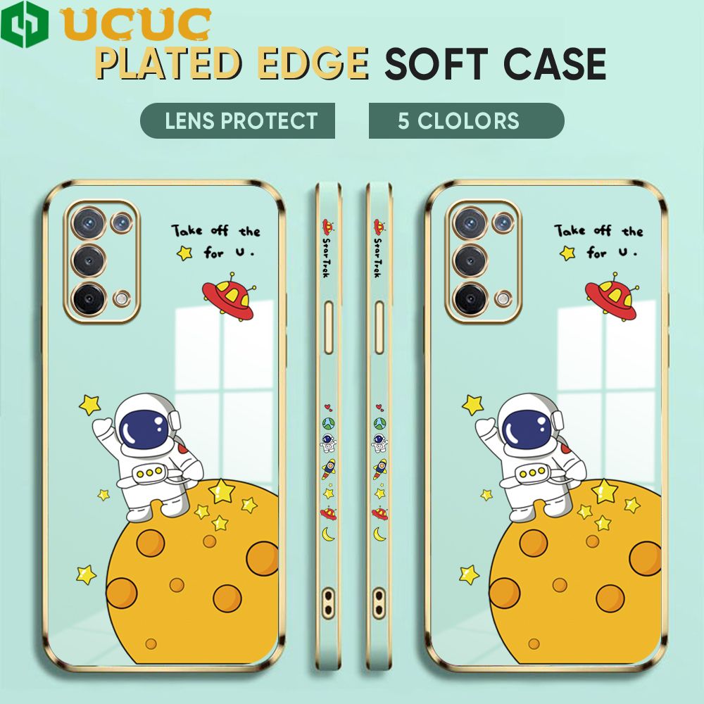 UCUC for OPPO A74 5G Cover Astronaut Planet Luxury 6D Plating Soft Casing Silicone Square Frame Phone Case Shiny Bling Back Cover + Free Lanyard