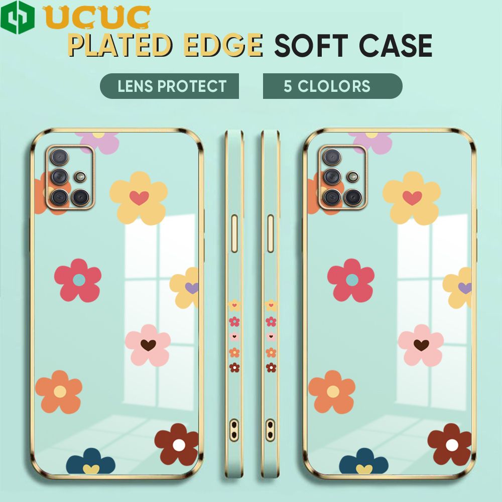 UCUC for Samsung Galaxy A71 Back Cover + Free Lanyard INS Style Flower Luxury 6D Plating Case Side Pattern Soft Silicone Square Phone Cases