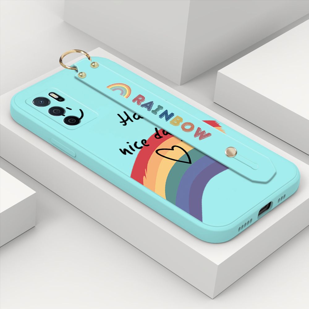 ZeroQiQi for OPPO A16 Wrist Strap Case Lovely Graffiti Rainbow Smile Thin Phone Cover Square Edge Liquid Silicone Creativity Phone Case